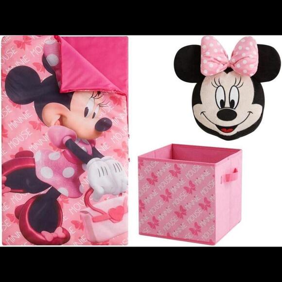 Disney Jr Minnie Mouse 3 Pc Sleeping Bag Minnie Mouse Pillow & Storage Cube Set - Picture 1 of 6